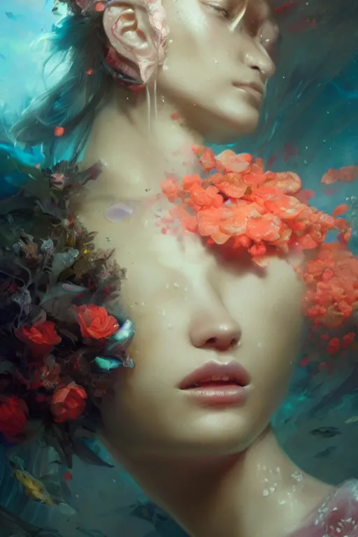 Image similar to face closeup of beautiful girl covered with coral reef and ice, 3 d render, hyper realistic detailed portrait, holding magic flowers, ruan jia, wlop. scifi, fantasy, hyper detailed, octane render, concept art, by peter mohrbacher, by wlop, by ruan jia