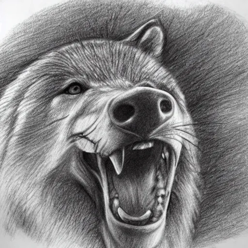 Image similar to Pencil sketch of a man's face emerging from a wolfs mouth, detailed, trending