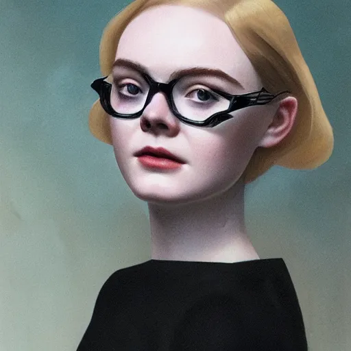 Image similar to Elle Fanning wearing black shades in the style of Paola Vetri, head and shoulders portrait, stormy weather, extremely detailed masterpiece, oil on canvas, low-key neon lighting, artstation, Blade Runner 2049, Roger Deakin’s cinematography, by J. C. Leyendecker and Peter Paul Rubens and Edward Hopper and Michael Sowa,