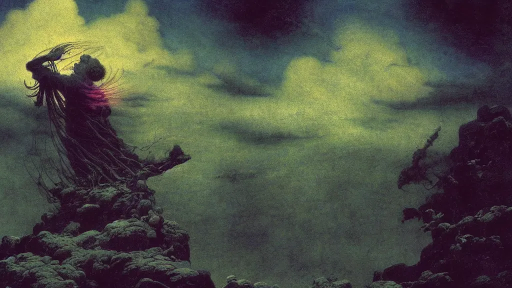 Image similar to a person conjuring!!! an image!!! from of noise!!!, by arthur rackham, maxfield parrish, and ivan aivazovsky, cinematic close - up, colorful, intricate, chaotic, fantasy realism, hopeful, 8 k render, volumetric lighting