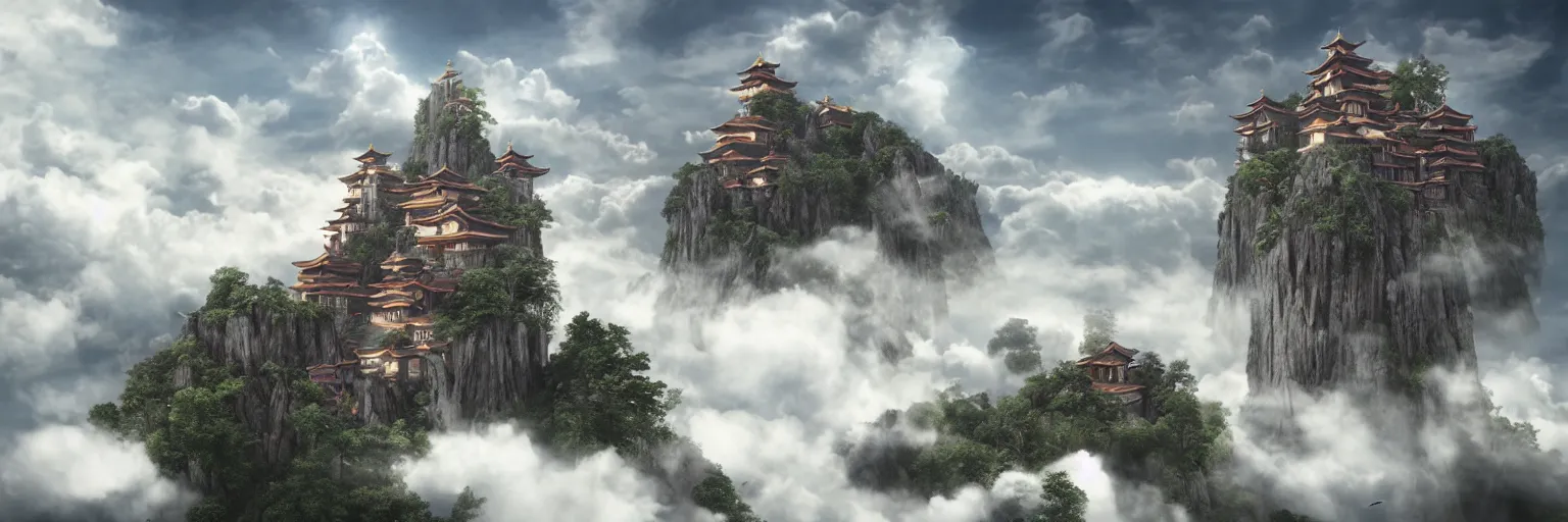 Image similar to flying monastery in the clouds, octane render, by Tomino-sama