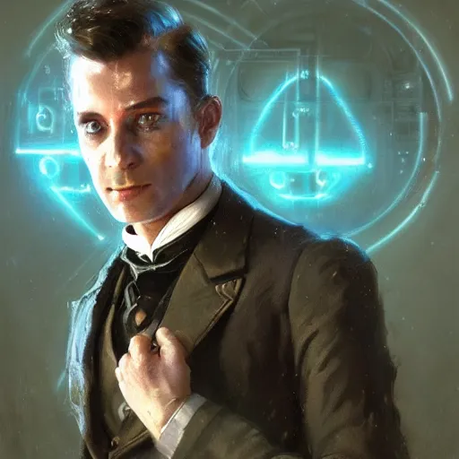 Image similar to a dapper victorian man with a glowing cybernetic device on his chest, sci fi character portrait by greg rutkowski, craig mullins