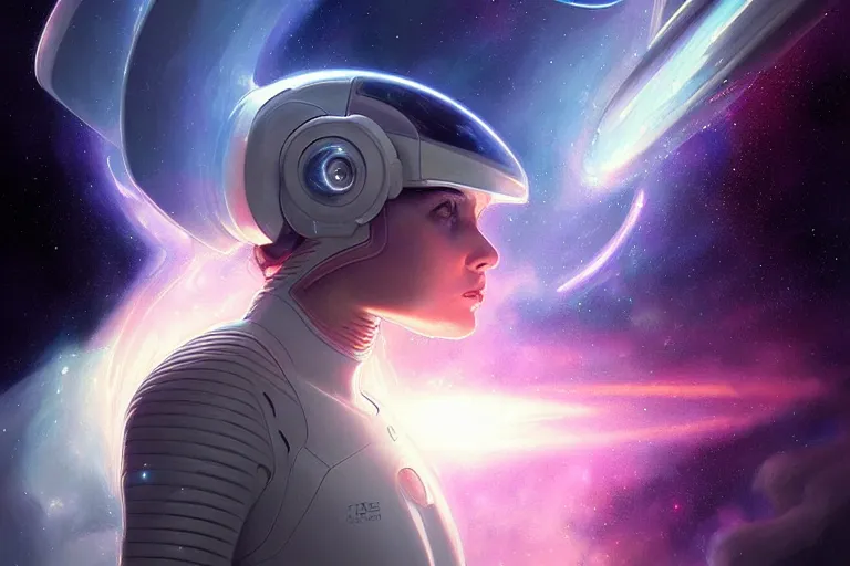 Image similar to Portrait of a Futuristic astronaut reflective visor reflecting a nebula supernova in space, portrait, elegant, intricate, digital painting, artstation, concept art, smooth, sharp focus, illustration, art by artgerm and greg rutkowski and alphonse mucha