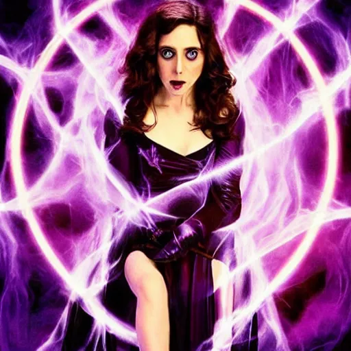 Image similar to Beautiful Alison Brie as a witch, in spooky and dark with den, lit by purple and blue flames, Symmetrical face, symmetrical eyes