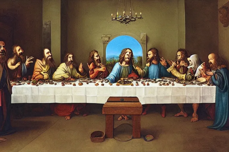 Image similar to rick and morty characters having the last supper by Leonardo da Vinci