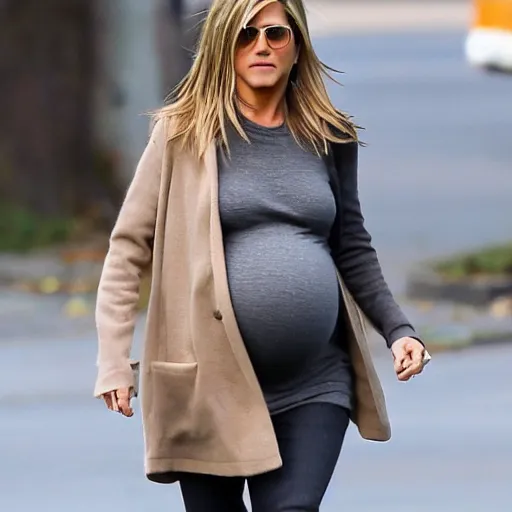 Image similar to Pregnant Jennifer Aniston walking down the street, paparazzi photograph