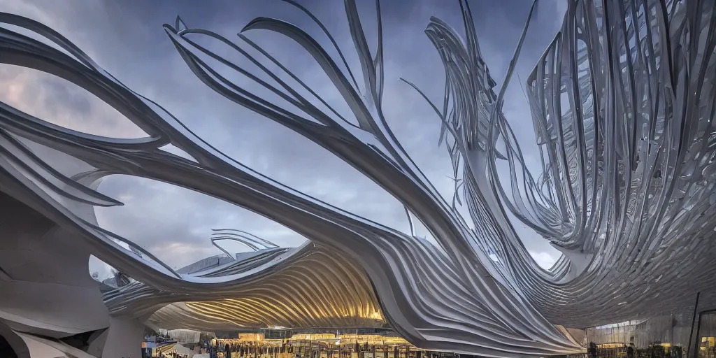 Image similar to extremely detailed ornate stunning sophisticated beautiful elegant futuristic museum exterior by Zaha Hadid in Milan, stunning volumetric light, stainless steal, concrete, translucent material, beautiful sunset, tail lights