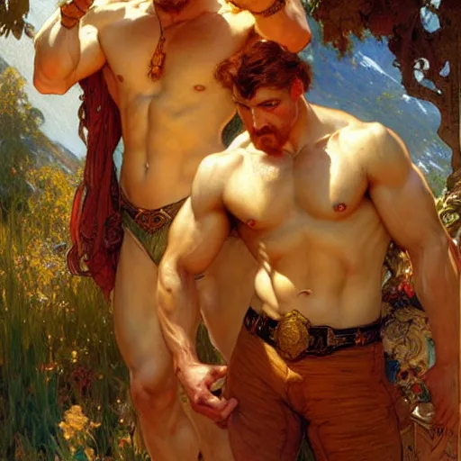 Prompt: attractive muscular mike with ginger hair and muscular attractive ty with brunet hair, drinking their hearts out, in their noble house. highly detailed painting by gaston bussiere, craig mullins, j. c. leyendecker, alphonse mucha 8 k