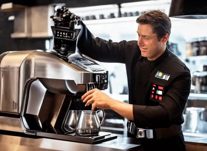 Image similar to film still of Darth Vader working as a barista in the new Star Wars movie, 4k