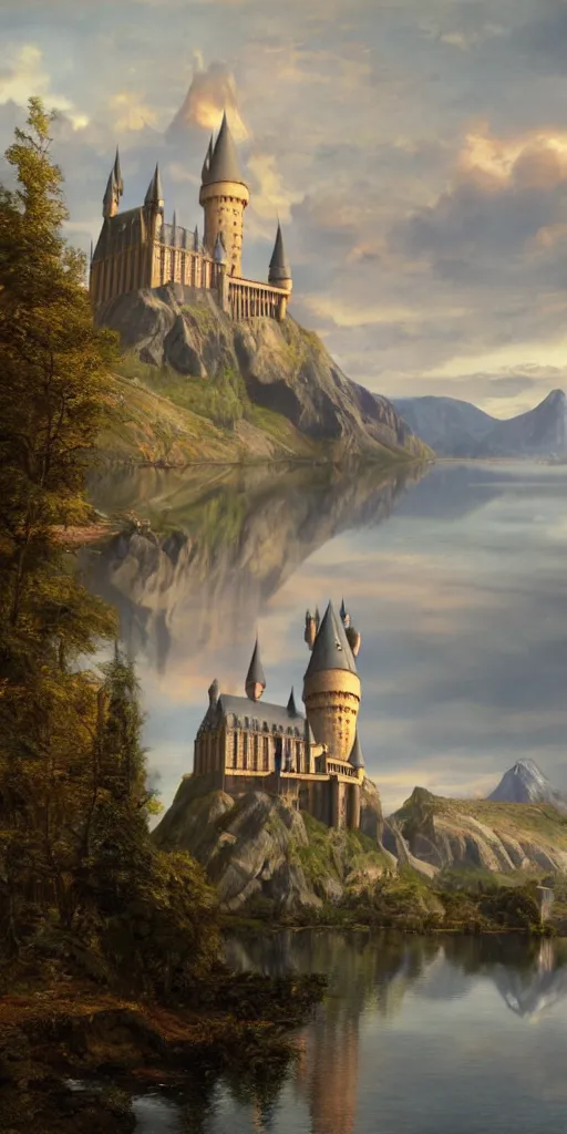 Image similar to Hogwarts castle, view from the lake, early morning, matte painting, by Isaac Levitan and Asher Brown Durand