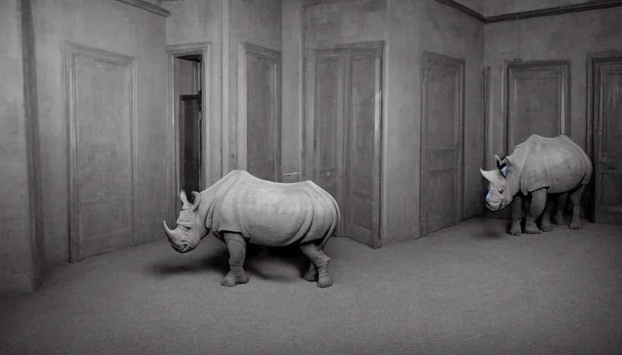 Image similar to a rhinoceros in a stalinist style room, by mini dv camera, very very low quality, heavy grain, very blurry, accidental flash, caught on trail cam