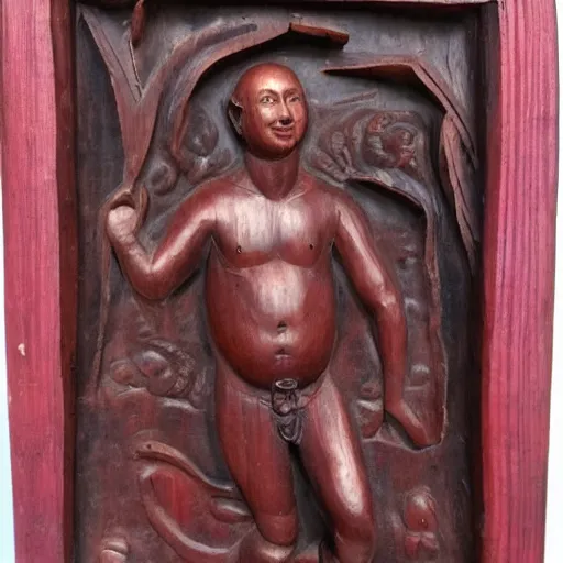 Image similar to 1 8 th century wooden carving of jeff bezos bathing in beans, dark pink, extremely detailed