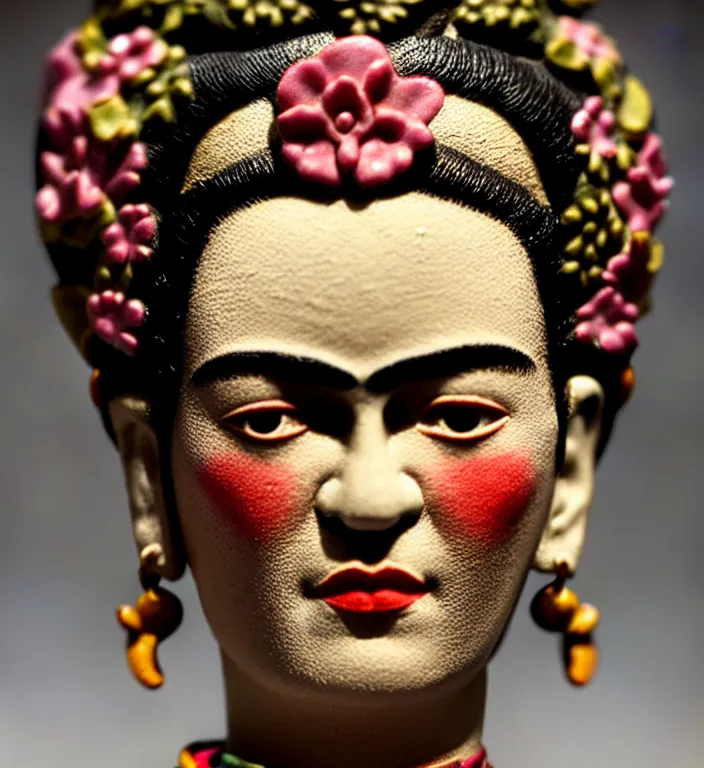 Image similar to Frida Kahlo , A Close up photo-real delicate ceramic porcelain sculpture of a symmetrical ornate detailed in front of an intricate background by Victo Ngai and takato yamamoto, micro detail, backlit lighting, face in focus, subsurface scattering, translucent, thin porcelain, octane renderer, colorful, physically based rendering, japanese pottery, trending on cgsociety