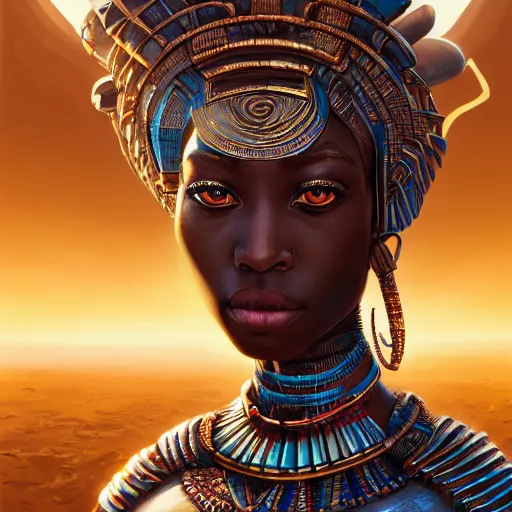 Image similar to highly detailed portrait of an african egyptian goddess, intricate alien technology, stephen bliss, unreal engine, fantasy art by greg rutkowski, loish, rhads, ferdinand knab, makoto shinkai and lois van baarle, ilya kuvshinov, rossdraws, tom bagshaw, global illumination, radiant light, detailed and intricate environment