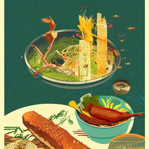 Image similar to illustration of the best meal, by Victo Ngai and James Gilleard and Bruce Pennington