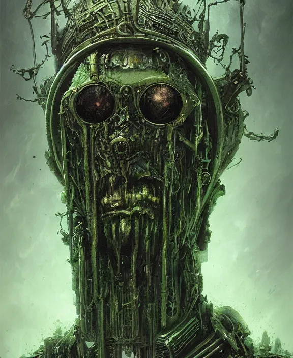 Image similar to a portrait of an evil green steampunk dark lord, by hr giger and beksinski and stephan martiniere, 4 k resolution, detailed, 3 d render, unreal engine, octane render, trending on artstation