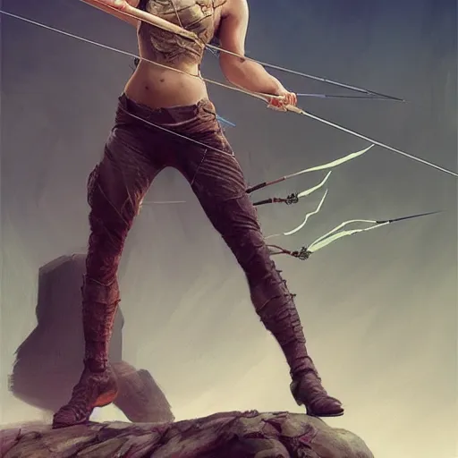 Image similar to portait of a very muscled emma watson archer shooting arrow, front game card, drark, marvel comics, dark, intricate, highly detailed, smooth, artstation, digital illustration by ruan jia and mandy jurgens and artgerm and wayne barlowe and greg rutkowski and zdislav beksinski