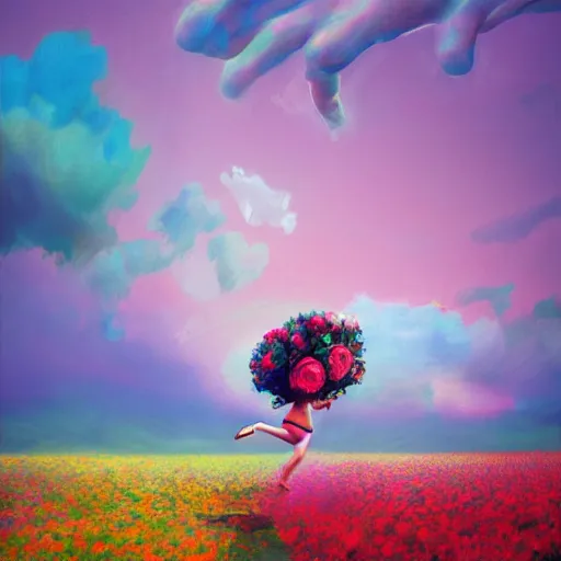 Image similar to giant rose flower head, full body girl running through a flower field, surreal photography, sunrise, dramatic light, impressionist painting, colorful clouds, digital painting, artstation, simon stalenhag