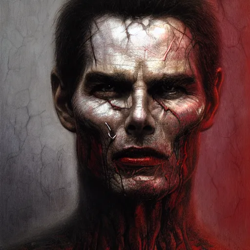 Image similar to portrait of demonic Tom Cruise in hood and crown of thorns, dark fantasy, Warhammer, artstation painted by Zdislav Beksinski and Wayne Barlowe