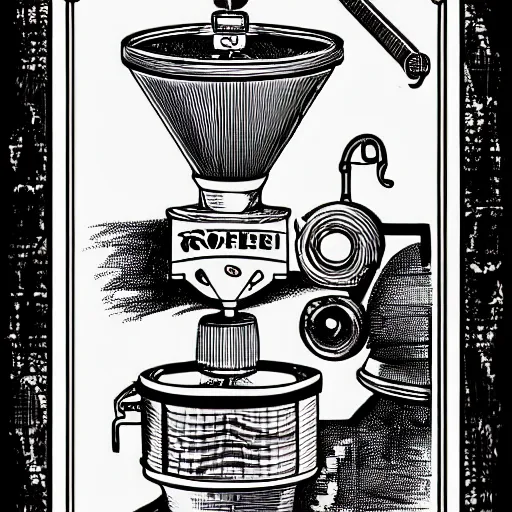 Image similar to coffee roaster machine, coffee, hand drawn, engraved vector, by alexanderpokusay