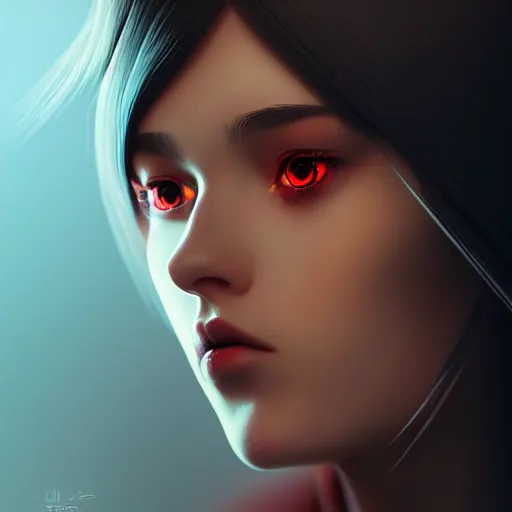 Image similar to portrait of beautiful girl with robot body by ilya kuvshinov, close up, portrait, cinematic, elegant, artstation, intricate, highly detailed, digital painting, artstation, concept art, sharp focus, illustration, cyberpunk, cgsociety, 8 k