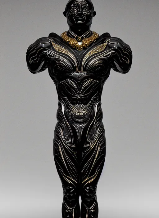 Prompt: stylized onyx black gold lines dark severe lighting ornate statue full body made of marble of titan atlas, perfect symmetrical body, perfect symmetrical face, hyper realistic, hyper detailed, by johannen voss, by michelangelo, octane render, blender, 8 k, displayed in pitch black studio room