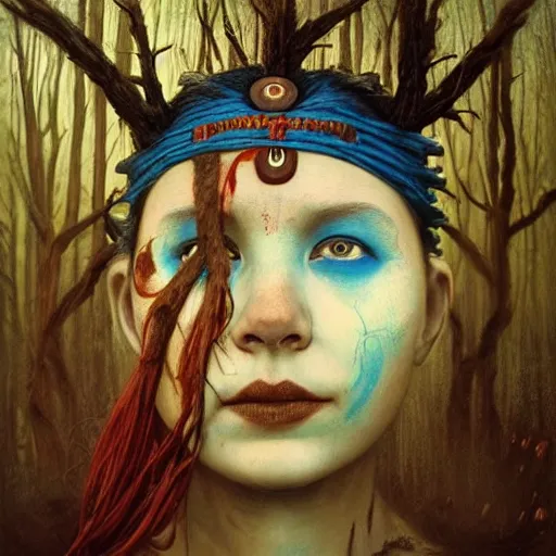 Image similar to A young blindfolded shaman woman with a decorated headband from which blood flows, in the style of heilung, blue hair and wood on her head. The background is a forest on fire, made by Esao Andrews and Karol Bak and Zdzislaw Beksinski,