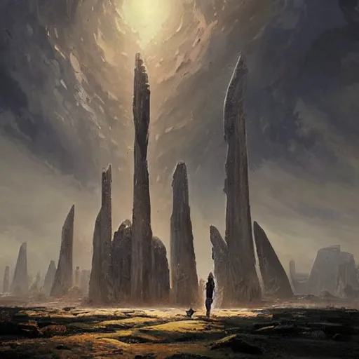 Prompt: pulp fantasy concept art painting of an alien civilisation, sacred monoliths, futuristic, technocracy, shrines, by greg rutkowski and james gurney