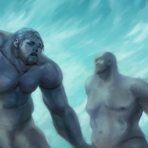 Prompt: Closeup of a group of beachgoers fleeing in terror as a human titan sea deity rises from the ocean behind them, digital painting, detailed, artstation, pixiv