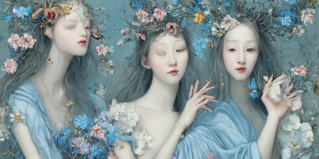 Image similar to breathtaking detailed concept art painting portrait of two goddess of light blue flowers by hsiao - ron cheng, carroty hair, orthodox saint, with anxious piercing eyes, vintage illustration pattern background with bizarre compositions blend of flowers and fruits and birds by beto val and john james audubon, exquisite detail, extremely moody lighting, 8 k