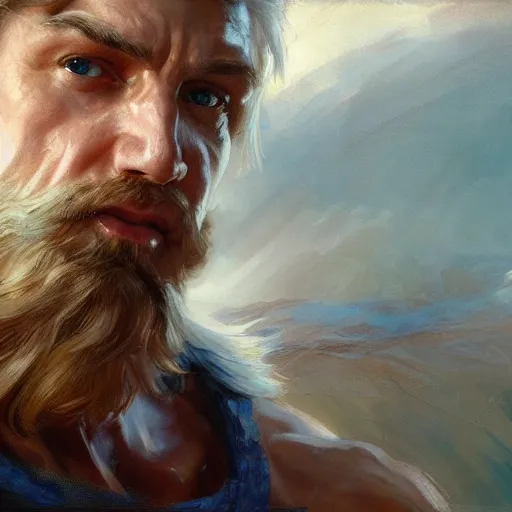 Image similar to detailed cinematic wide shot of muscular attractive masculine sea captain man beard slim face symettrical face clean skin blue eyes white hair, ultra realistic, spring light, painting by gaston bussiere, craig mullins, j. c. leyendecker