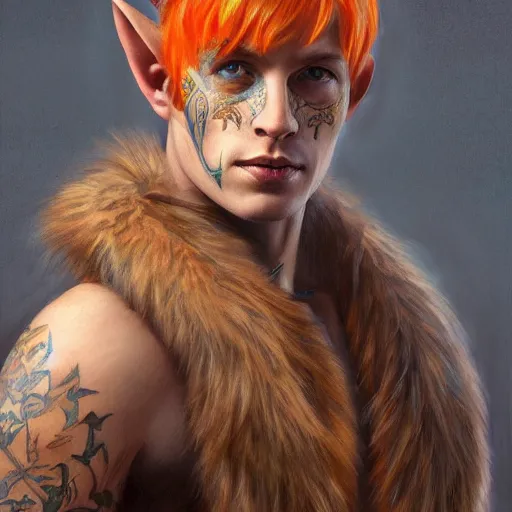 Image similar to portrait painting of an elven young man with short light orange hair and tribal tattoos on his face wearing fur armor, sharp focus, award - winning, trending on artstation, masterpiece, highly detailed, intricate. art by james ryman