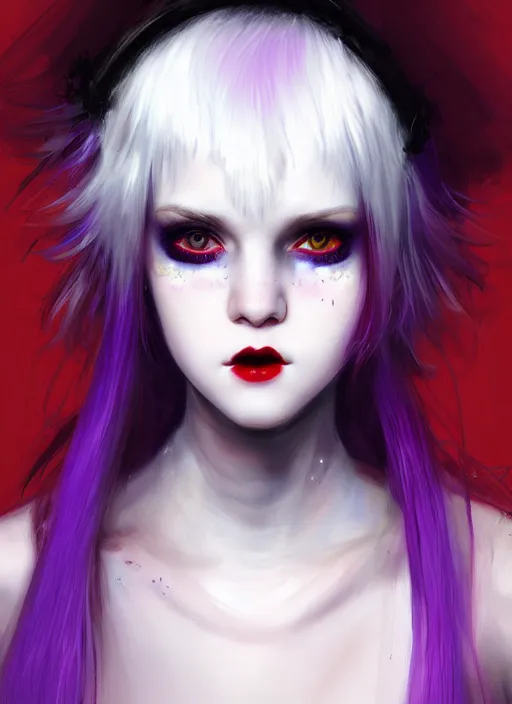 Image similar to portrait of white teenage girl, normal face, white bangs, mall goth, cyberlox, black and white hair, bangs, fluffy bangs, red contact lenses, purple lipstick, intricate, elegant, highly detailed, digital painting, artstation, concept art, sharp focus, smooth, illustration, art by wlop, mars ravelo and greg rutkowski