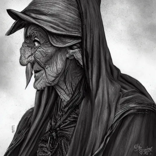 Image similar to portrait, old wrinkled witch. dark clothes. high detail, digital art, fantasy, RPG, concept art, illustration