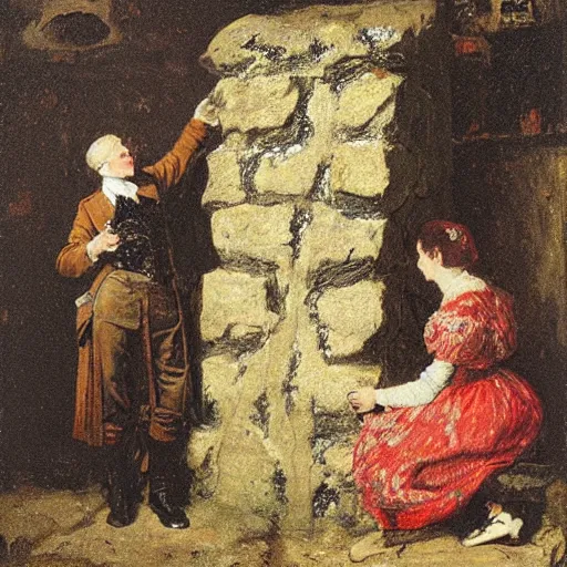 Image similar to young victorian man and woman solving a riddle carved into a stonewall in a dungeon, by alfred stevens