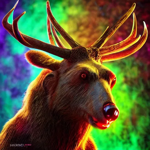 Prompt: photorealistic celtic antlered bear. hyperdetailed photorealism, 1 0 8 megapixels, amazing depth, glowing rich colors, powerful imagery, psychedelic overtones, 3 d finalrender, 3 d shading, cinematic lighting, artstation concept art