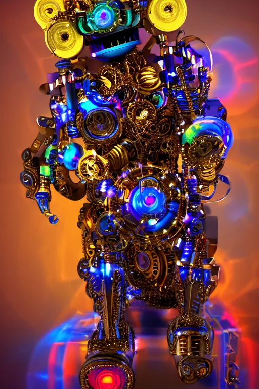 Image similar to photo of a smiling golden and blue metal steampunk robotbust covered with multicolored tubes and gears, eyes are glowing green lightbulbs, arms are music instruments, shiny crisp finish, 3 d render, 8 k, insaneley detailed, fluorescent colors