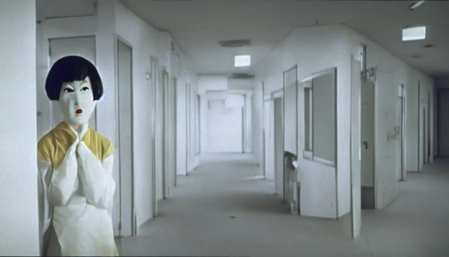 Image similar to 60s movie still of a white japanese female phantom with gigantic arms in an empty hospital with light yellow walls, eastmancolor, heavy grain, high quality, higly detailed, liminal space