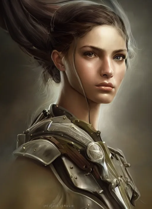 Prompt: a professionally painted portrait of an attractive young girl, partially clothed in battle armor, olive skin, long dark hair, beautiful bone structure, symmetrical facial features, intricate, elegant, digital painting, concept art, illustration, smooth, sharp focus, finely detailed, beautifully framed, from Metal Gear, in the style of Artgerm and Greg Rutkowski and William-Adolphe Bouguerea