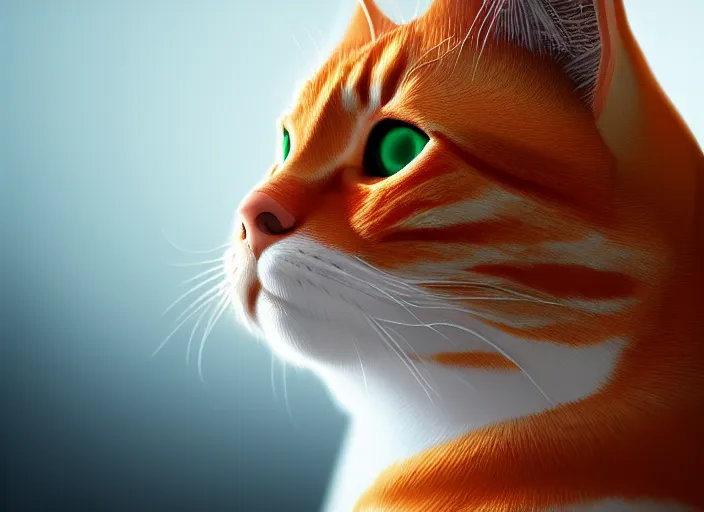 Image similar to closeup profile shot of an orange/white tabby cat, city lights, dramatic lighting, cinematic, high contrast, octane render, cgsociety, artstation, 4k