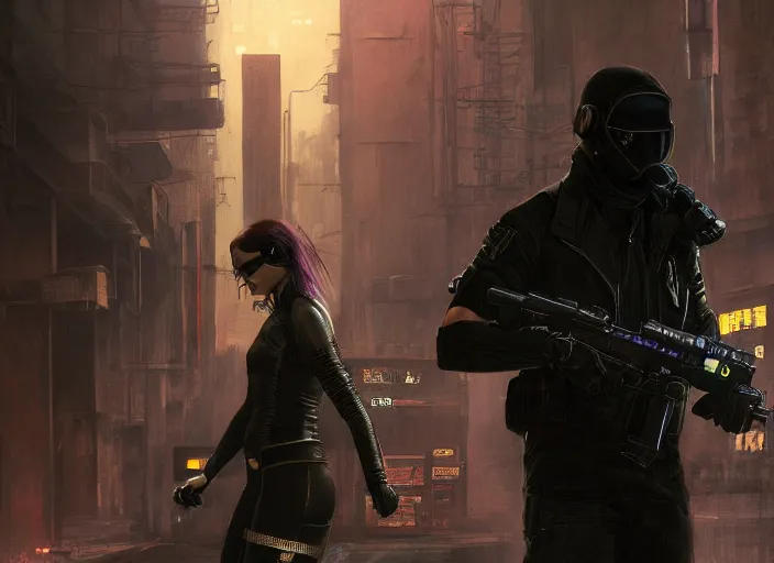 Prompt: Maria evades sgt Nash. Cyberpunk hacker wearing stealth suit hiding from police patrol (blade runner 2049, cyberpunk 2077). Dark industrial plant. Orientalist portrait by john william waterhouse and James Gurney and Theodore Ralli and Nasreddine Dinet, oil on canvas. Cinematic, hyper realism, realistic proportions, dramatic lighting, high detail 4k