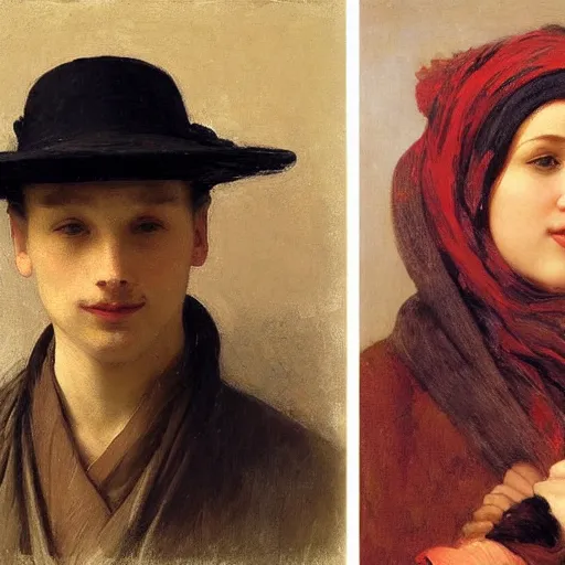 Image similar to A portrait of a fox wearing a scarf and a boater hat by Robert Cleminson and William-Adolph Bouguereau, painting of a fox in a hat