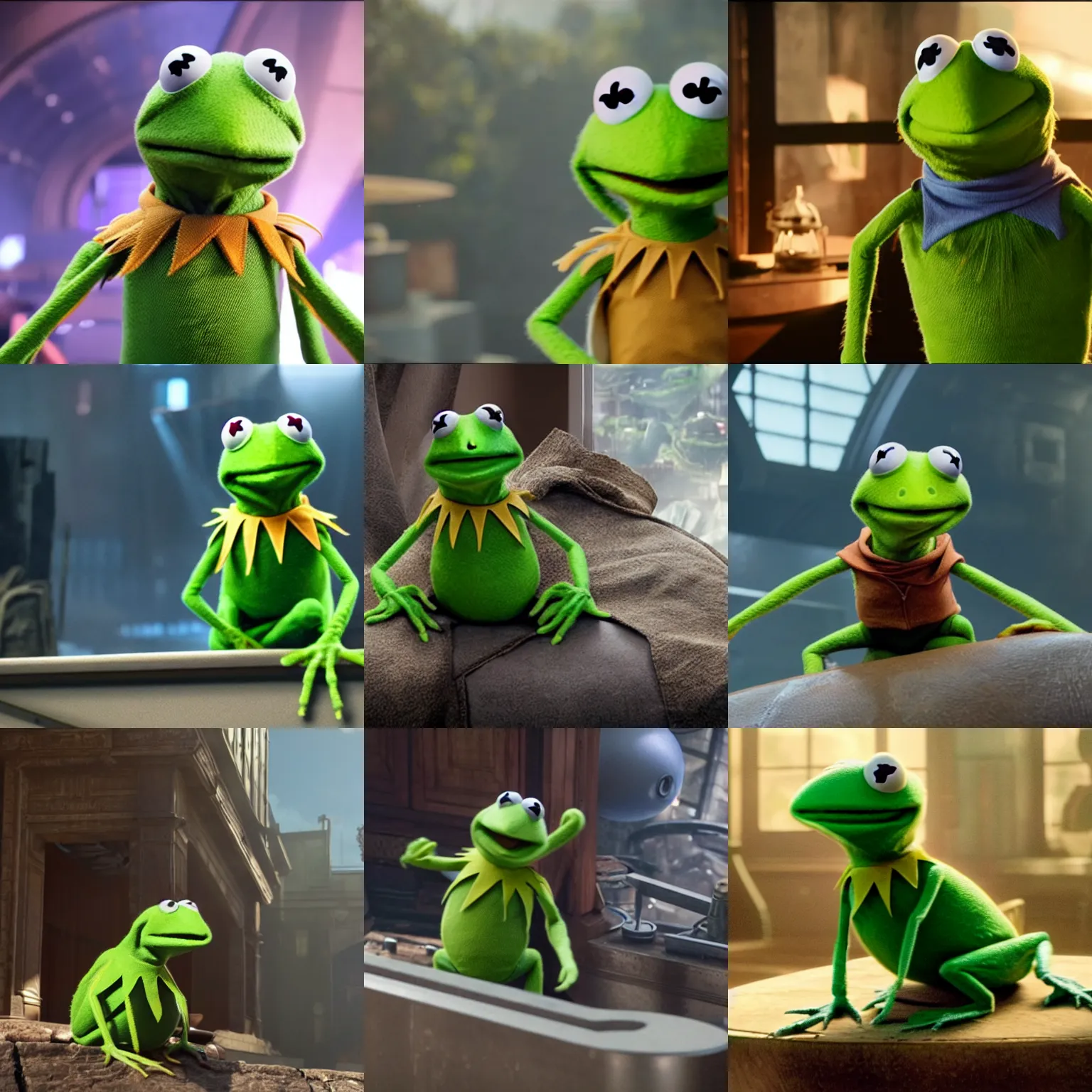 Prompt: A still of Kermit the frog on Avengers Endgame, award winning photo, unreal engine, highly detailed features