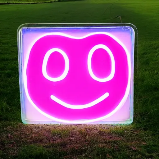 Prompt: a pastel colour Polaroid photo of large smiley face cut out of transparent neon iridescent perspex stood in a field, nostalgic