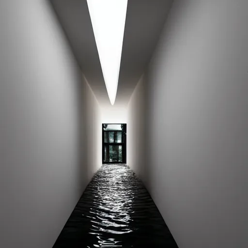 Image similar to a flooded room that leads into a curved hallway, all white ceramic tiles, dark lighting, surreal, liminal space