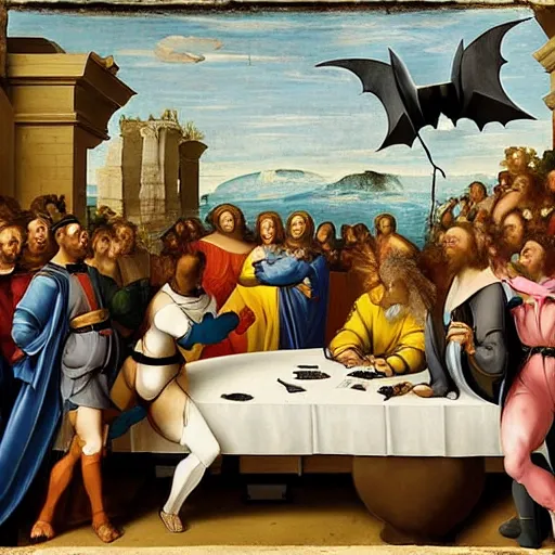 Prompt: renaissance painting of crowd having a discussion with batman in the middle of a round table, one white orchid in vase above a fireplace at the edge of the painting, golden ratio, rule of third
