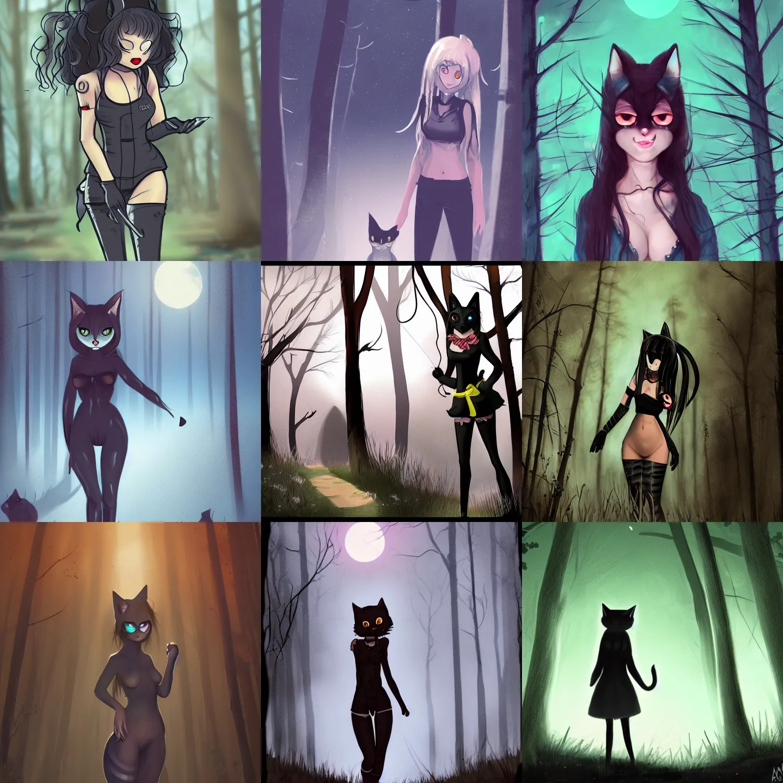 Image similar to a catgirl caught on midnight trail cam, night, tall trees, morbid, uncanny, artstation