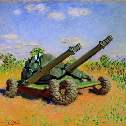 Prompt: tortoises next to artillery guns by claude monet