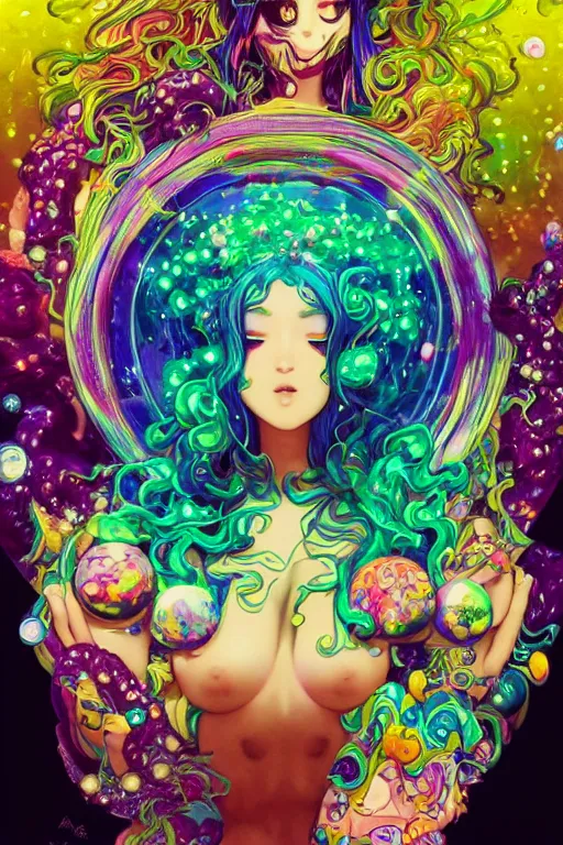 Image similar to psychedelic, acid trip, intricate, highly detailed, anime, 4k, beautiful seductive slime girl holding a huge orb containing the universe, with professional makeup, long trippy hair, surrounded by gems, underneath the stars, trending on patreon, deviantart, twitter, artstation, volumetric lighting, heavy contrast, by artgerm and Ilya Kuvshinov and alphonse mucha, interstellar galaxy