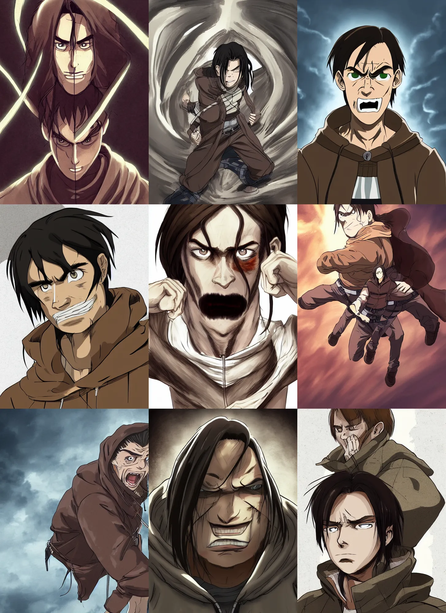 Prompt: a man in his late twenties with long light brown hair tied back, a widows peak and a round face wearing a hoody, in the style of attack on titan, digital art